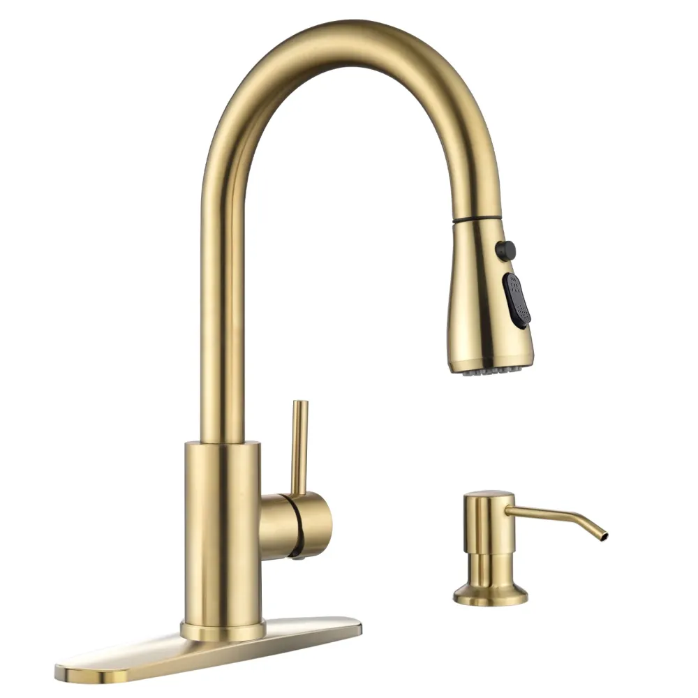 APPASO Gold Kitchen Faucet Soap Dispenser, Mat Gold Kitchen Sink Faucet Pull Down Sprayer, Modern High Arch Single Handle...
