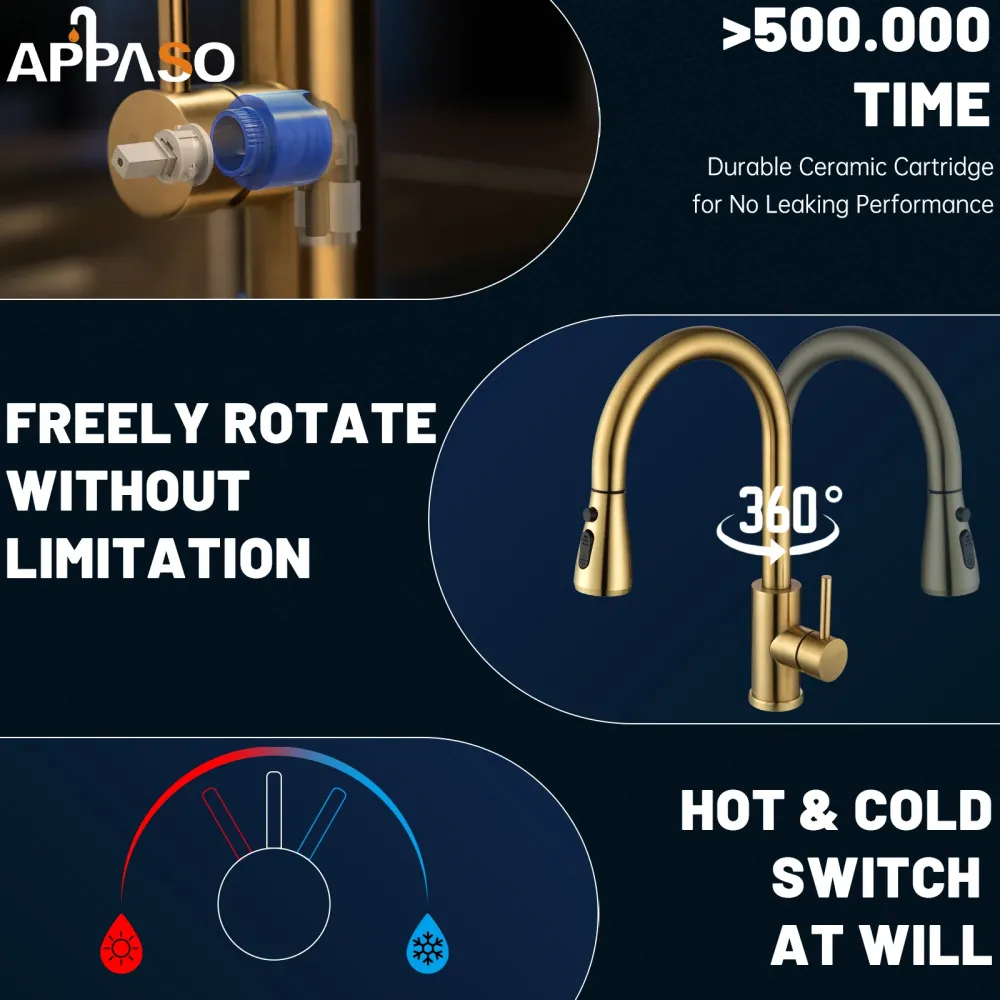 APPASO Gold Kitchen Faucet Soap Dispenser, Mat Gold Kitchen Sink Faucet Pull Down Sprayer, Modern High Arch Single Handle...