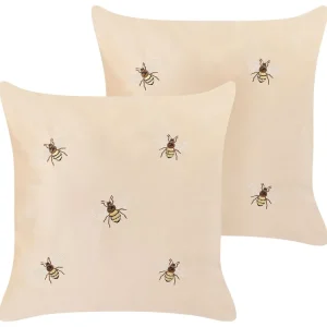 Set 2 Embroidered Velvet Cushions Bees Motif 45 x 45 cm Sable TALINUM