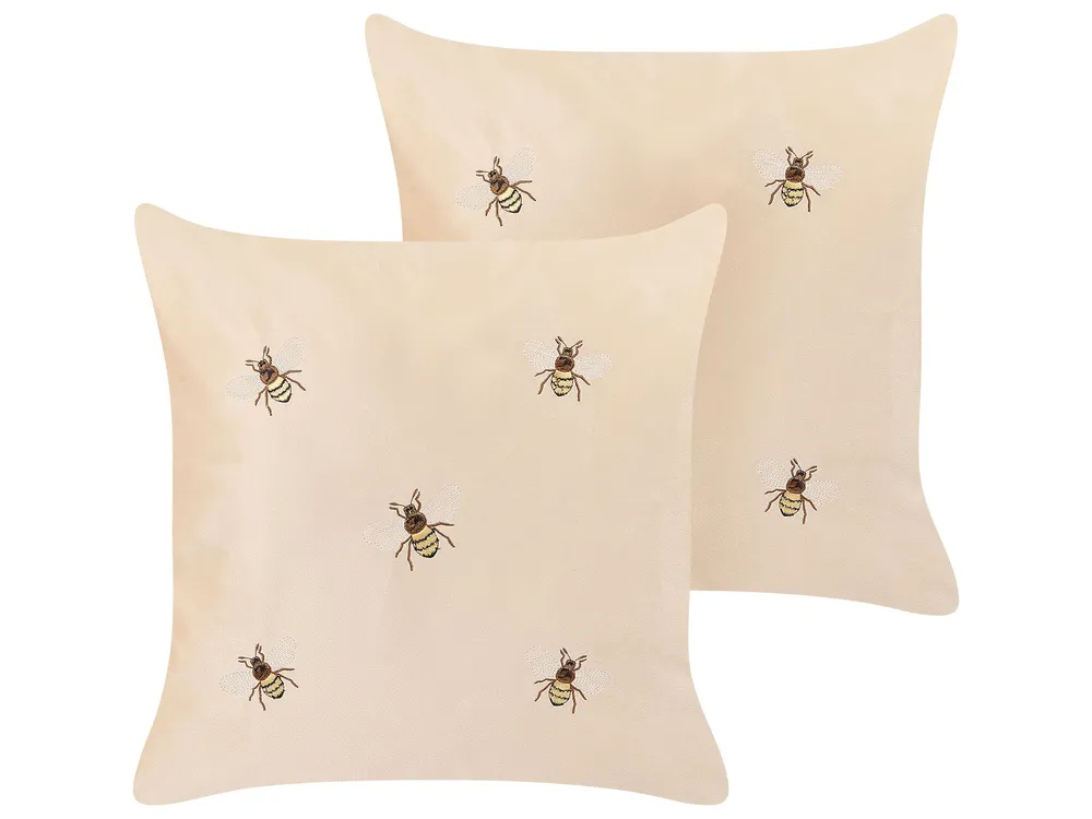 Set 2 Embroidered Velvet Cushions Bees Motif 45 x 45 cm Sable TALINUM