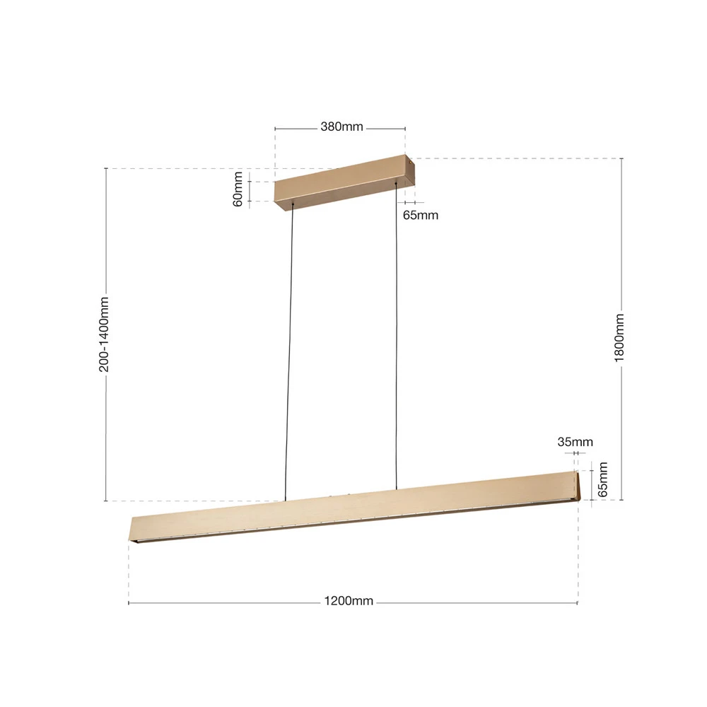 Suspension LED Tara, doré, longueur 120 cm, alu/acier avec meilleure adhérence