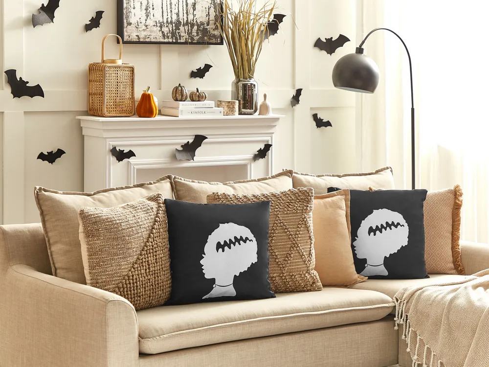 Velvet Cushion Bride Frankenstein Pattern 45 x 45 cm Black and Blanc pur MANDEVILLA
