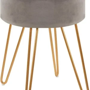 Bac de récupération Tabouret en tissu velours gris pieds en métal doré 35x35x45 cm TABO09077