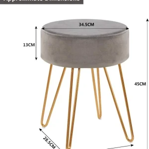 Bac de récupération Tabouret en tissu velours gris pieds en métal doré 35x35x45 cm TABO09077
