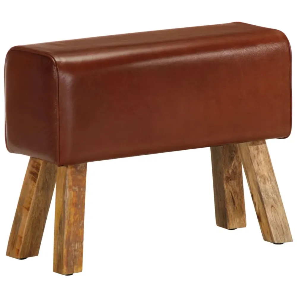 Banc tabouret design saut de cheval 58 cm en cuir véritable et manguier brun DEC025013 avec poignée ergonomique
