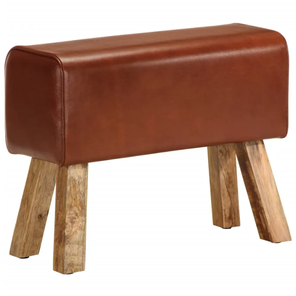 Banc tabouret design saut de cheval 58 cm en cuir véritable et manguier brun DEC025013 avec poignée ergonomique