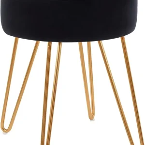 Chandelles de sécurité Tabouret en tissu velours noir pieds en métal doré 35x35x45 cm TABO09075