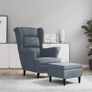 Fauteuil à oreilles avec tabouret gris noir velours