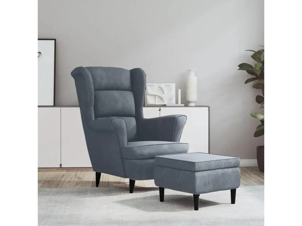 Fauteuil à oreilles avec tabouret gris noir velours