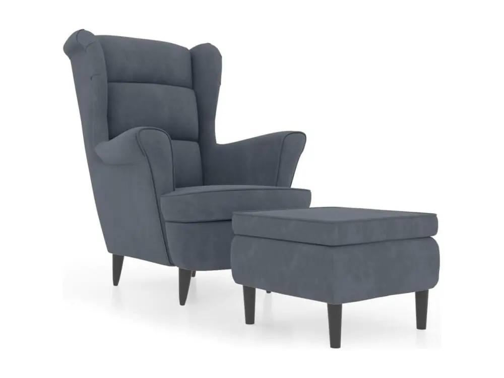 Fauteuil à oreilles avec tabouret gris noir velours