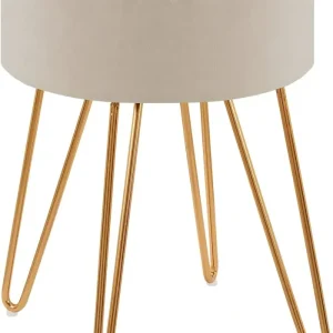 Lampe de travail Tabouret en tissu velours crème pieds en métal doré 35x35x45 cm TABO09078