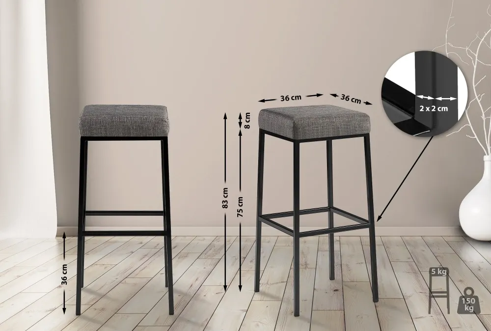 Lot de 2 tabourets de bar avec repose-pieds assises carrées hauteur 83 cm en tissu gris et métal noir 10_0006392 avec roul...