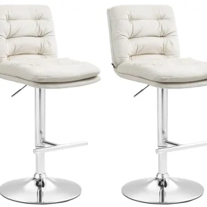 Lot de 2 tabourets de bar avec repose-pieds et dossier assise rembourré en velours crème et métal chromé 10_0006597 - Comp...