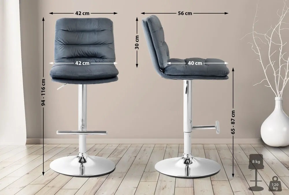 Lot de 2 tabourets de bar avec repose-pieds et dossier assise rembourré en velours gris noir et métal chromé 10_0006471