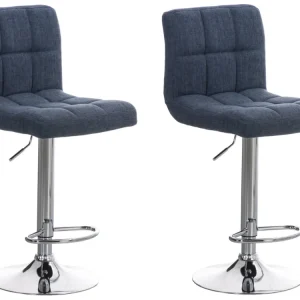 Lot de 2 tabourets de bar design classique moderne surpiqûres carrées en tissu bleu et métal chromé 10_0006180 avec poigné...