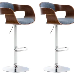 Lot de 2 tabourets de bar design scandinave en tissu bleu et structure en bois noyer cadre métal aspect chromé 10_0006706...
