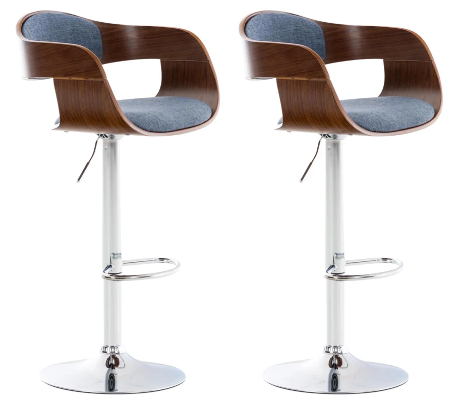 Lot de 2 tabourets de bar design scandinave en tissu bleu et structure en bois noyer cadre métal aspect chromé 10_0006706...