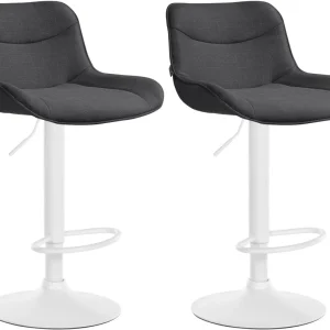 Lot de 2 tabourets de bar pivotant forme ergonomique surpiqûres décoratives en tissu gris profond cadre en métal blanc 10_...
