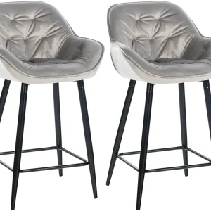 Lot de 2 tabourets de bar récent en velours gris assise enveloppante capitonnée pieds métal noir 10_0006588