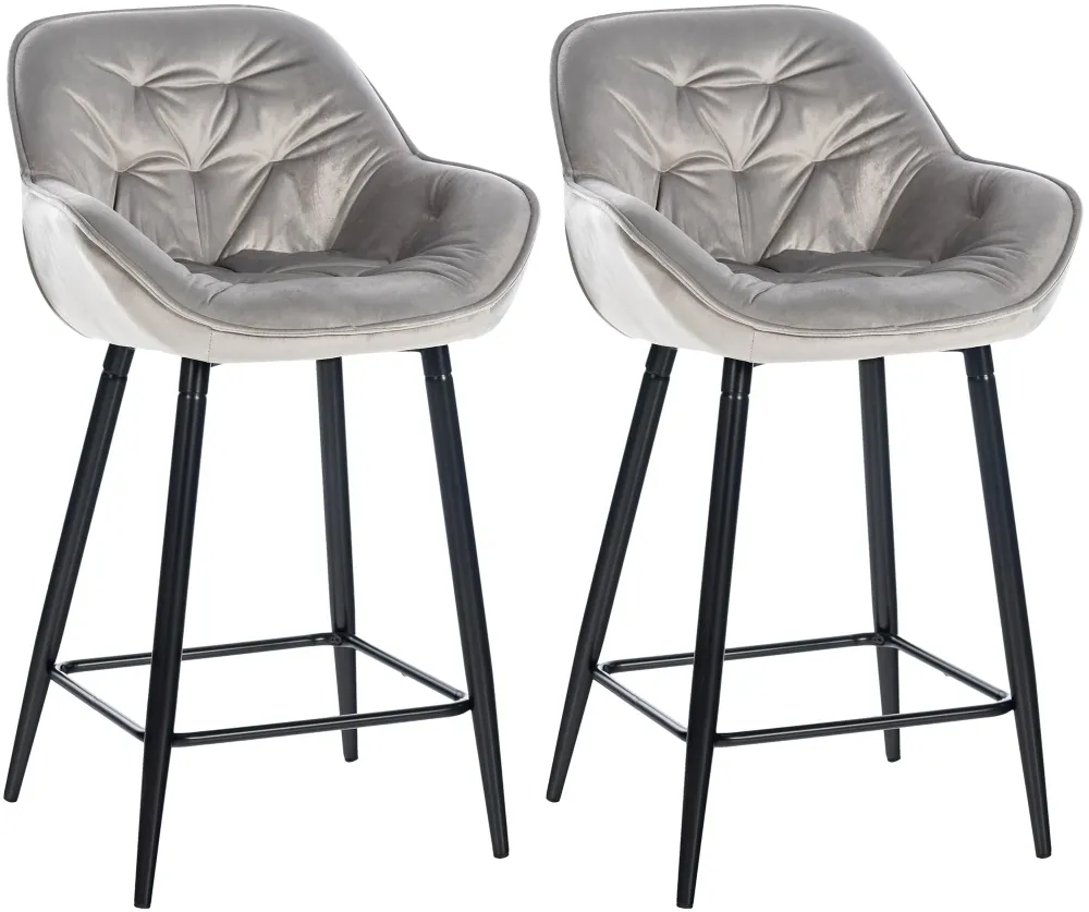 Lot de 2 tabourets de bar récent en velours gris assise enveloppante capitonnée pieds métal noir 10_0006588