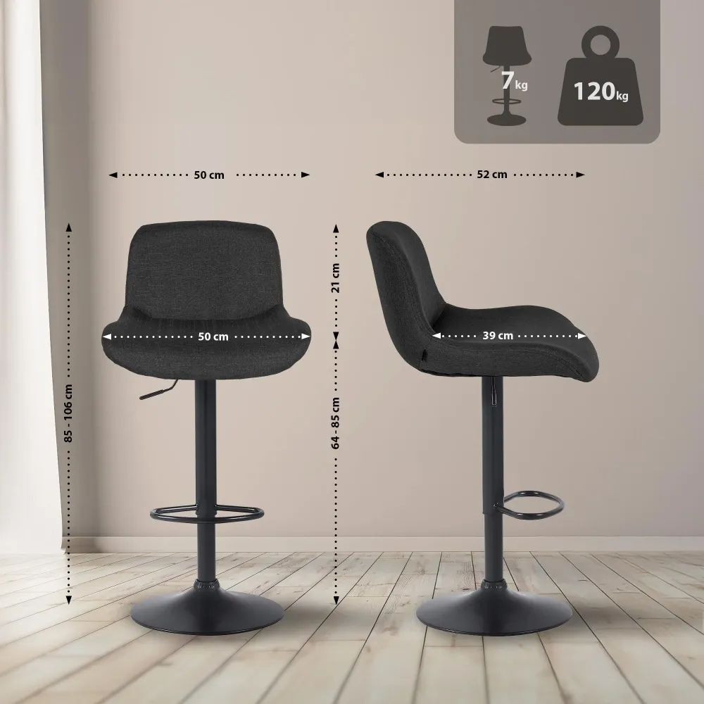Lot de 2 tabourets de bar réglable en hauteur et rotatif repose-pieds en tissu noir cadre en métal noir 10_0005981 pour at...
