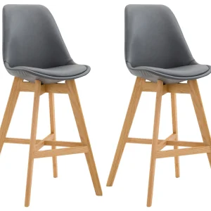 Lot de 2 tabourets de bar scandinaves coque plastique et VINYLE grise et pieds en bois massif 10_0006368