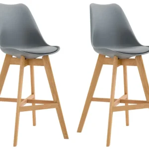 Lot de 2 tabourets de bar scandinaves coque plastique et VINYLE gris et pieds en bois massif 10_0005963