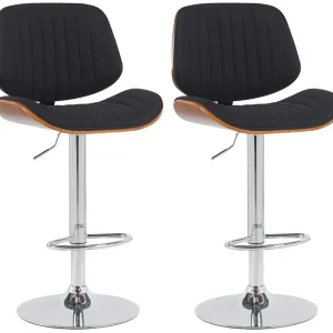 Lot de 2 tabourets de bar style ancien moderne assise en tissu noir bois noyer et cadre métal chromé 10_0006584