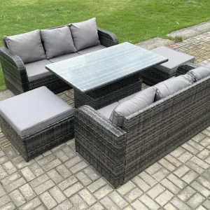 Mobilier à dîner de jardin 8 places ave table à manger réglable en hauteur canapé 3 places 2 grand tabourets mélange gris...