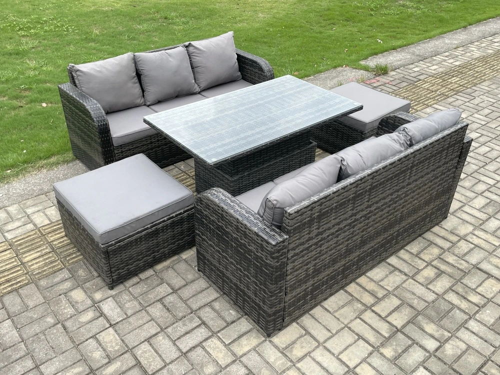 Mobilier à dîner de jardin 8 places ave table à manger réglable en hauteur canapé 3 places 2 grand tabourets mélange gris...