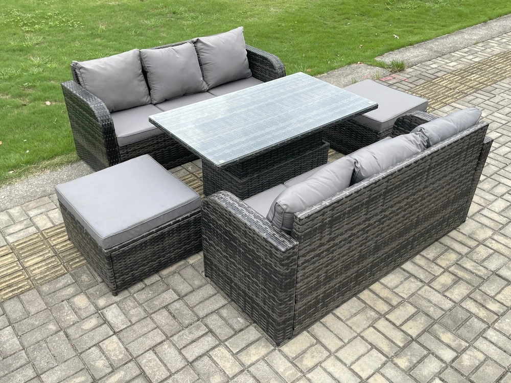 Mobilier à dîner de jardin 8 places ave table à manger réglable en hauteur canapé 3 places 2 grand tabourets mélange gris...
