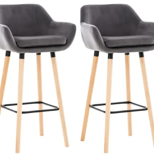 Professionnel Haute Résistance Lot de 2 tabourets de bar en velours gris pieds en bois avec repose-pieds et accoudoirs sty...