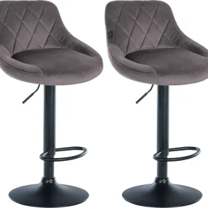 Set de 2 tabourets de bar coutures décoratives losanges assise en velours gris et cadre en métal noir TDB10779 en acier re...