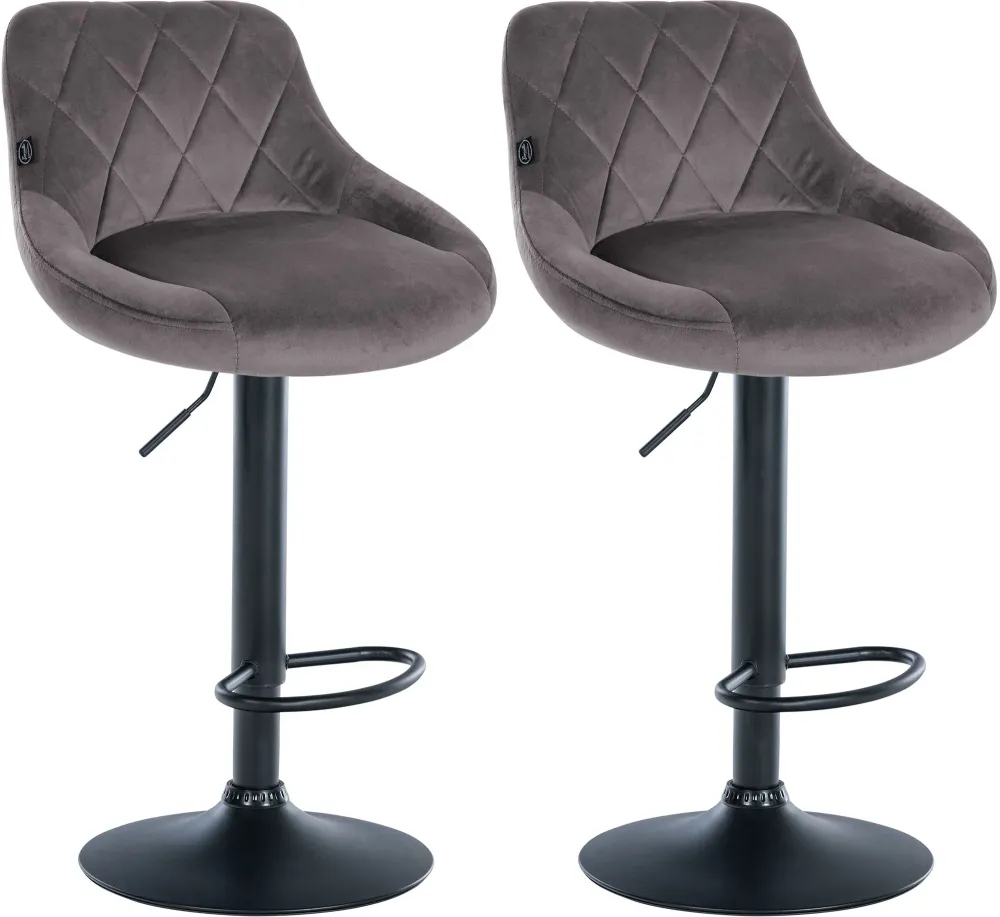 Set de 2 tabourets de bar coutures décoratives losanges assise en velours gris et cadre en métal noir TDB10779 en acier re...
