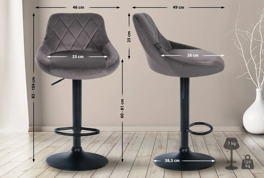 Set de 2 tabourets de bar coutures décoratives losanges assise en velours gris et cadre en métal noir TDB10779 en acier re...