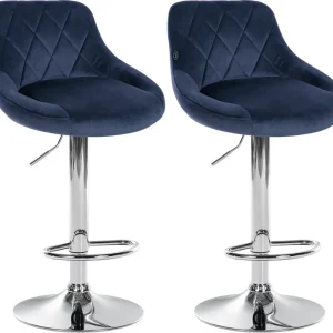 Set de 2 tabourets de bar coutures décoratives losanges assise en velours bleu et cadre en métal chromé TDB10767 avec Livr...