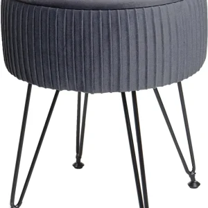 Tabouret avec compartiment de rangement Ø 33cm aspect velours gris évident cadre noir TABO04013