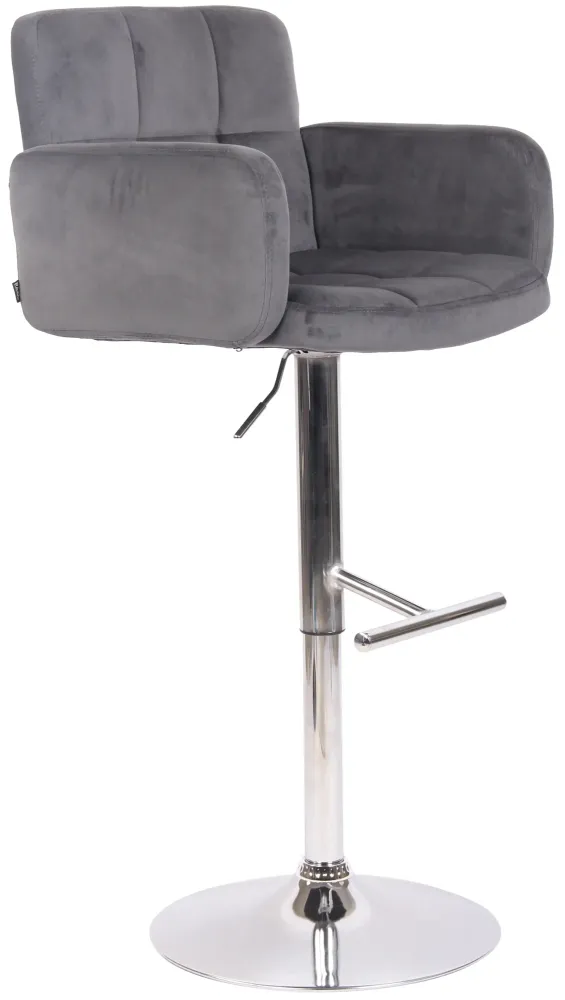 Tabouret de bar pivotant en velours gris profond et métal chromé avec accoudoirs repose-pieds et dossier TDB10649