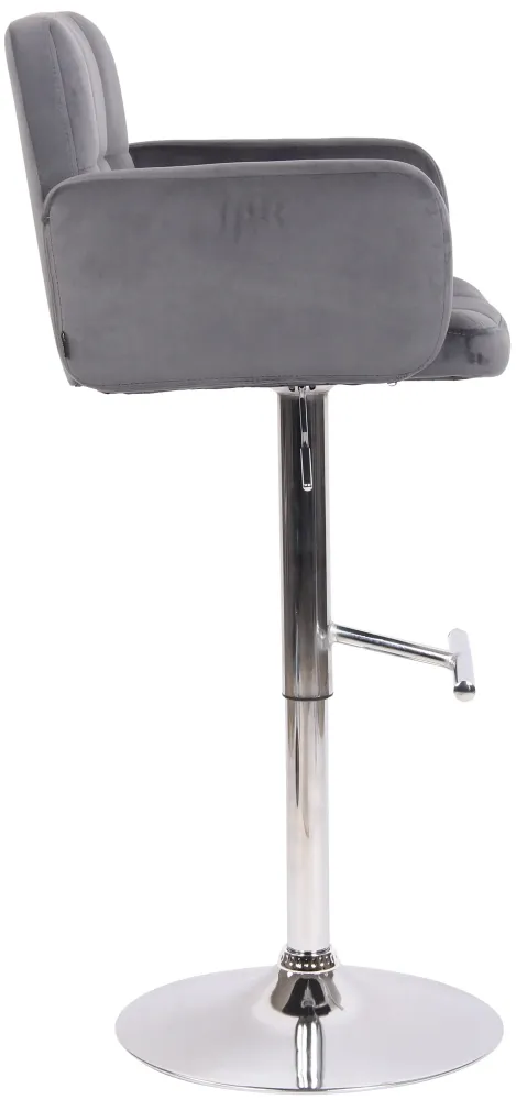 Tabouret de bar pivotant en velours gris profond et métal chromé avec accoudoirs repose-pieds et dossier TDB10649