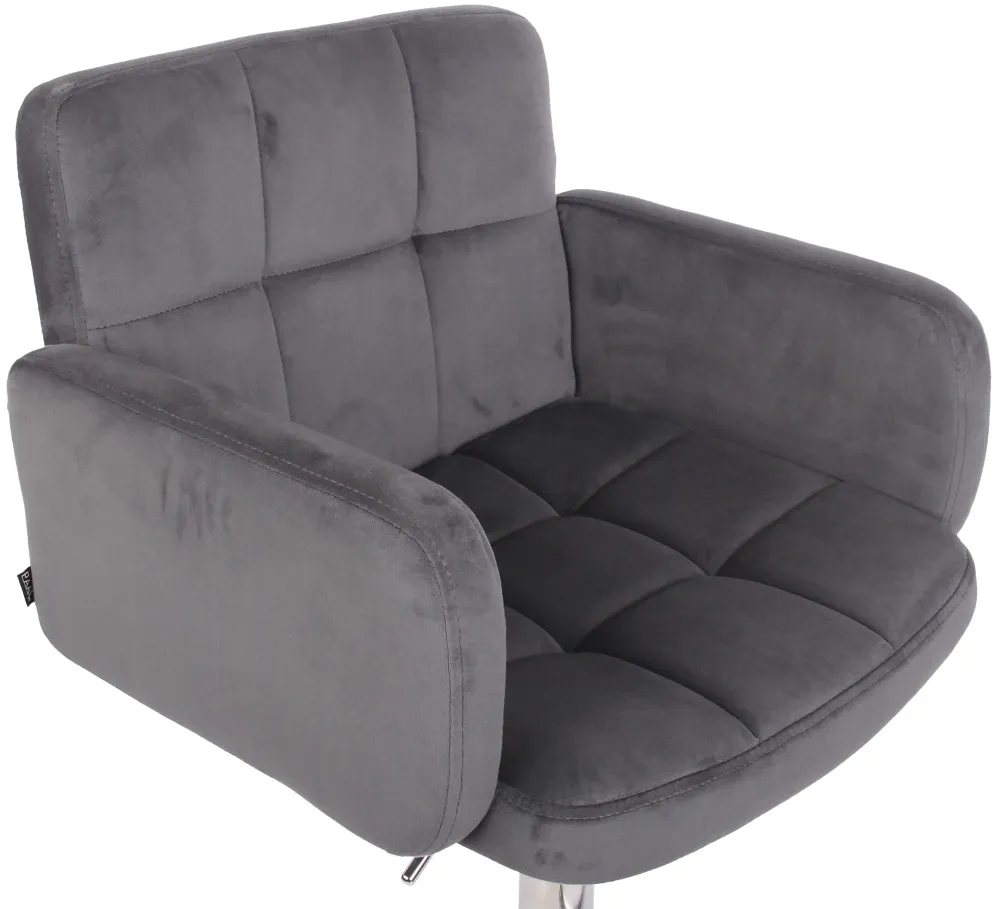 Tabouret de bar pivotant en velours gris profond et métal chromé avec accoudoirs repose-pieds et dossier TDB10649