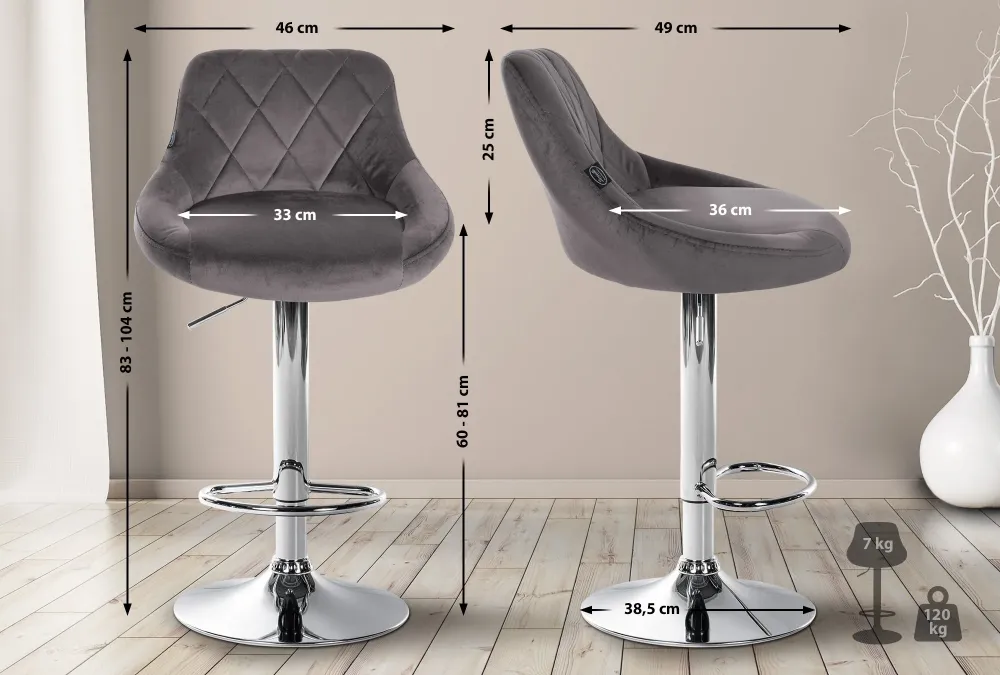Tabouret de bar en velours gris coutures décoratives pivotant support métal chromé TDB10673 à LED puissante