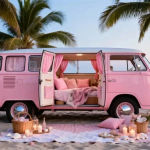 Toile de fond Mer Escapade Camping-Car Rose RR61-23 pour camping-car | Étanche